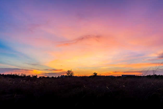 Zdjęcie zdjęcia nieba po zachodzie słońca i zacienionych łąk w społeczności przekraczających horyzont