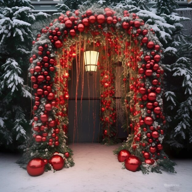 Zdjęcia pięknych bożonarodzeniowych czerwonych girland na drzwiach wejściowych na werandzie Sztuka wygenerowana przez AI