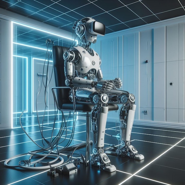Zdjęcia robotowe ujawniają mechaniczną jednostkę eksplorującą futurystyczną przestrzeń zaprojektowaną w wirtualnej rzeczywistości.