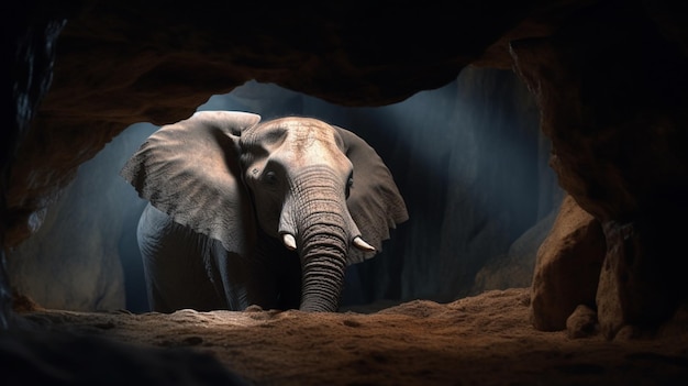 Zdjęcia słoni siedzących w jaskiniach Sztuka generowana przez sztuczną inteligencję