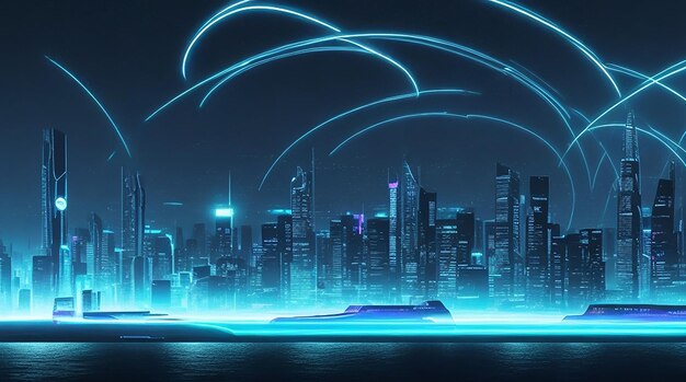 Zdjęcie abstrakcyjnego futurystycznego tła z niebieskimi promieniami światła neonowego odbijającymi się od wody