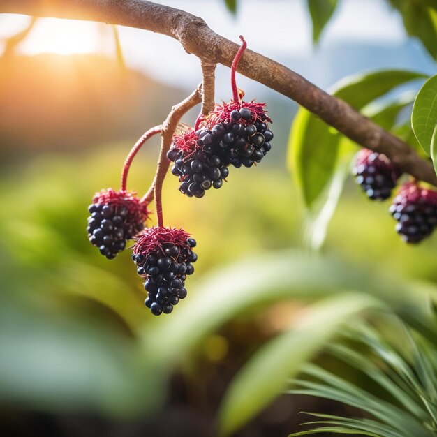 Zdjęcie zdjęcie acai przymocowanego do gałęzi drzewa z niewyraźnym tłem