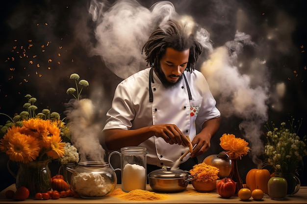 Zdjęcie zdjęcie afroamerykańskiego szefa kuchni gotując tradycyjną kuchnię
