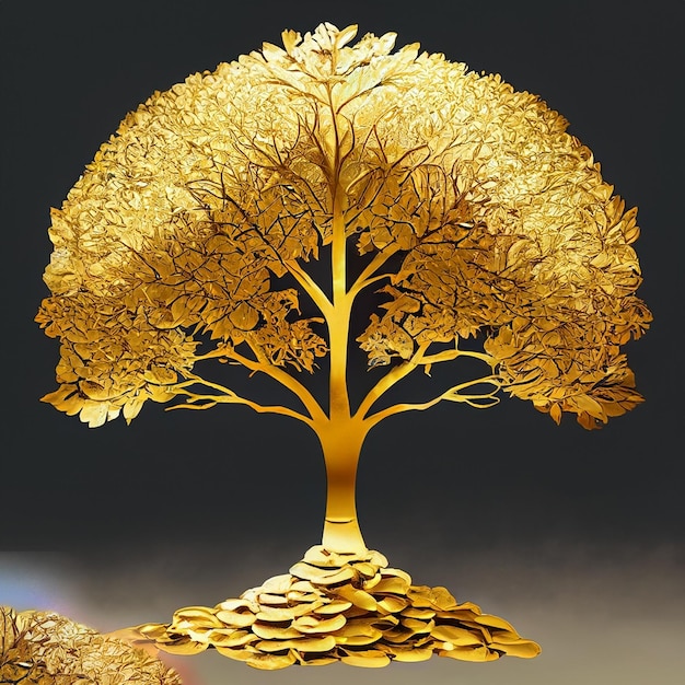 Zdjęcie ai wygenerowało ilustrację złotego liścia drzewa Dea dla nieograniczonego bogactwa dochodów i dobrobytu