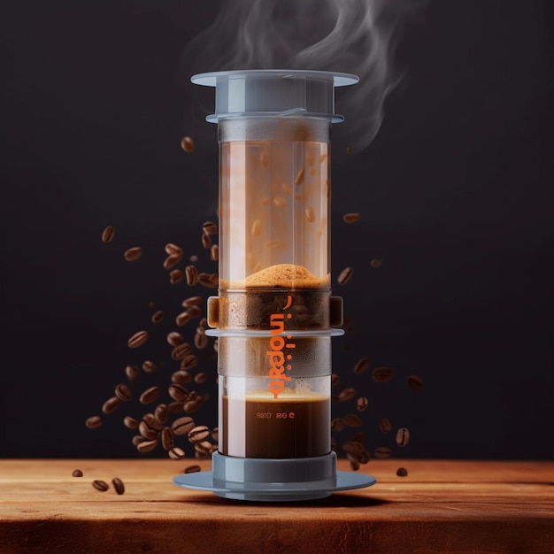 Zdjęcie aromatu ziaren kawy i świeżo parzonej kawy w kawowni aeropress