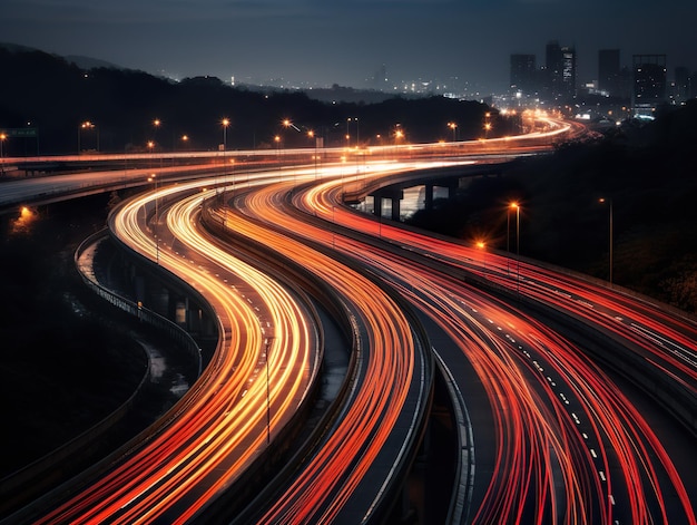 Zdjęcie autostrady z długim czasem ekspozycji w nocy, generatywne AI