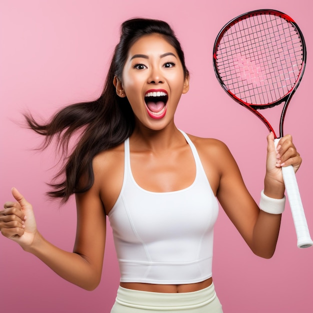Zdjęcie azjatyckiej dziewczyny trzymającej rakietę tenisową.
