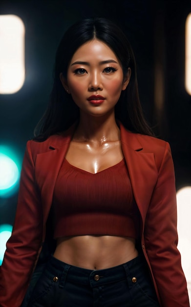 Zdjęcie azjatyckiej kobiety w stroju kurtki z kolorowym światłem w tle generatywnej sztucznej inteligencji