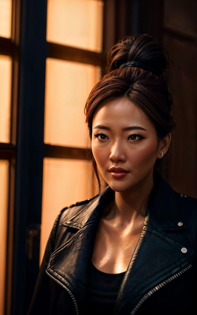 Zdjęcie azjatyckiej kobiety w stroju kurtki z kolorowym światłem w tle generatywnej sztucznej inteligencji