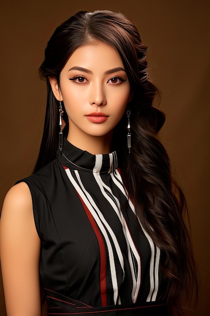 zdjęcie azjatyckiej młodej kobiety z długimi włosami z koreańskim makijażem na twarzy i idealną skórą