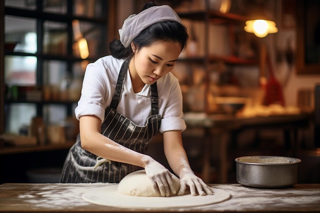 Zdjęcie azjatyckiej szefowej kuchni biegłej w przygotowywaniu ciasta do pizzy