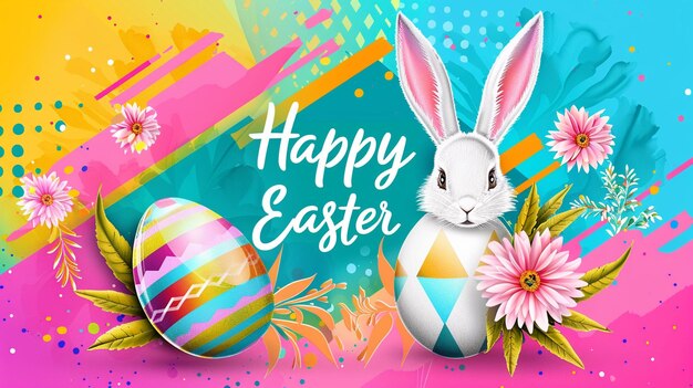 Zdjęcie bannera "Wesołych Wielkanoc" z jajami królików i kwiatami Ai Generated