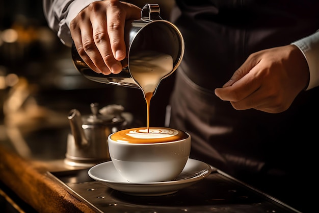 Zdjęcie baristy tworzącego latte art w cappuccino