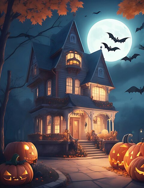 Zdjęcie bezpłatne Halloween tło z domem nawiedzonym z dyni3d ilustracja gradient światła