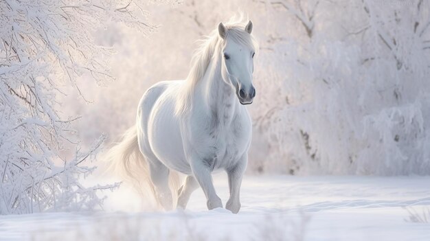 Zdjęcie białego konia w zimie Generatywna sztuczna inteligencja
