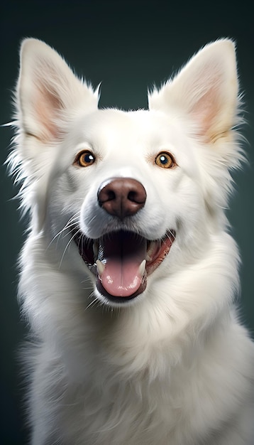 Zdjęcie białego psa z dużym uśmiechem