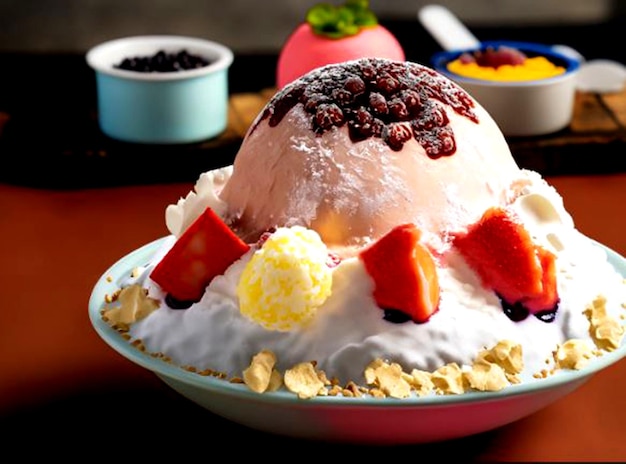 zdjęcie bingsu, popularnego koreańskiego deseru z lodem.