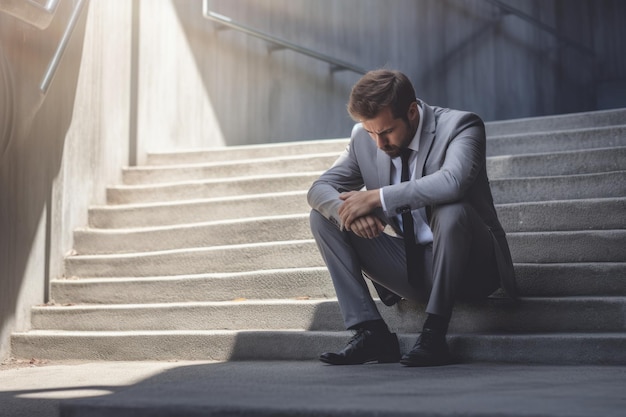 Zdjęcie biznesmena w depresji siedzącego na betonowych schodach na ziemi i cierpiącego