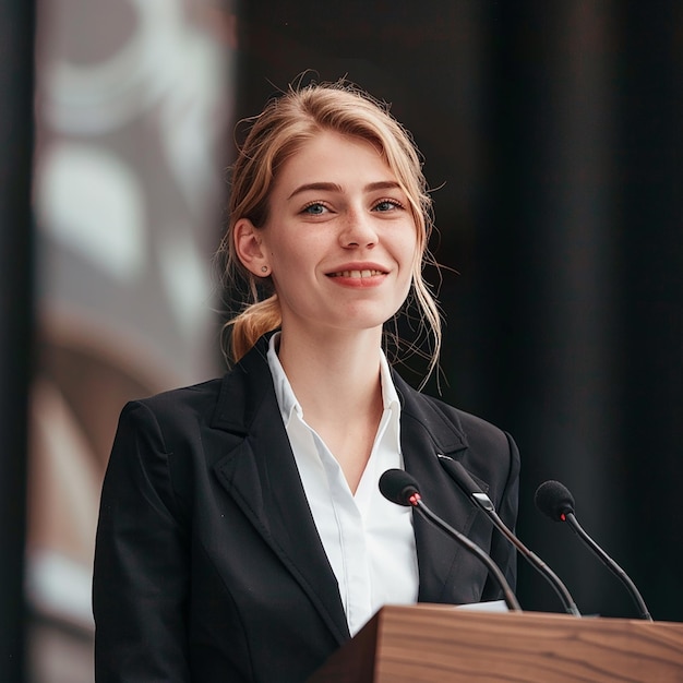 Zdjęcie bizneswoman mówiącej z podium