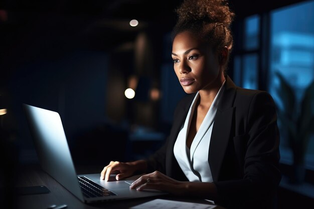 Zdjęcie bizneswoman używającej laptopa w pracy stworzone za pomocą generatywnej sztucznej inteligencji