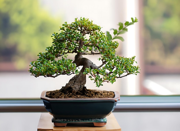 Zdjęcie bonsai w minimalistycznym garnku jako roślina do dekoracji domowej izolowana na niewyraźnym tle