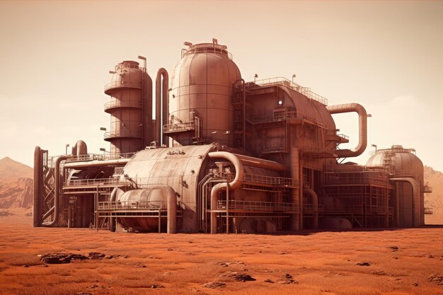 zdjęcie brutalistycznej fabryki zakładu produkcyjnego na pustyni Generative AI