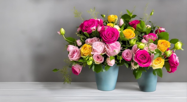 Zdjęcie bukietu wielobarwnych róż w dwóch wazonach