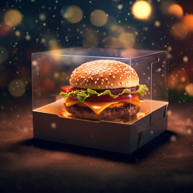 Zdjęcie burgera zapakowanego w pudełko z motywem kosmosu