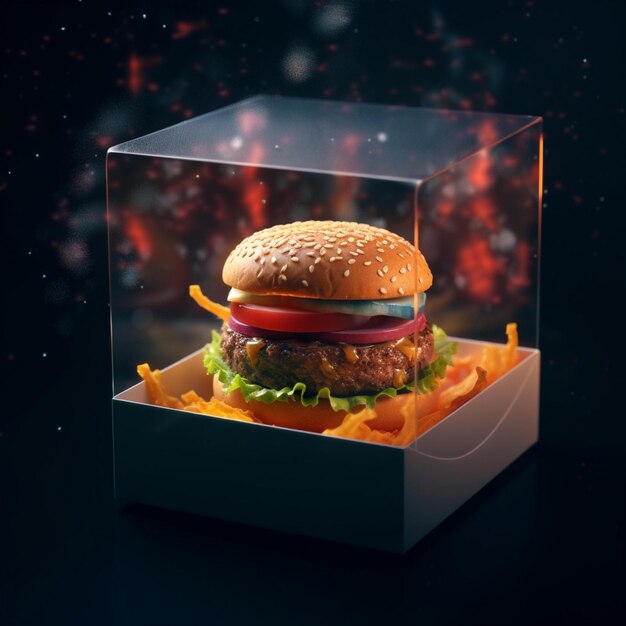 Zdjęcie burgera zapakowanego w pudełko z motywem kosmosu