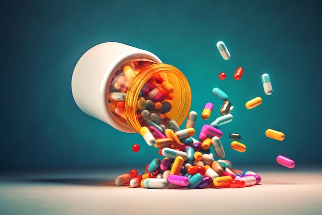 zdjęcie butelki z lekami rozlewające kolorowe pigułki