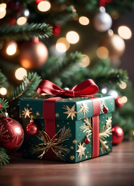 Zdjęcie choinki i pudełek prezentowych przedstawia lampki świąteczne Szczęśliwego Nowego Roku