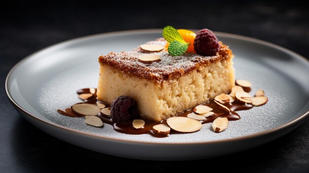 Zdjęcie zdjęcie ciasta migdałowego jako dania w luksusowej restauracji