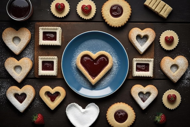 Zdjęcie ciasteczek Linzer w kształcie serca z nadzieniem dżemowym lub galaretkowym