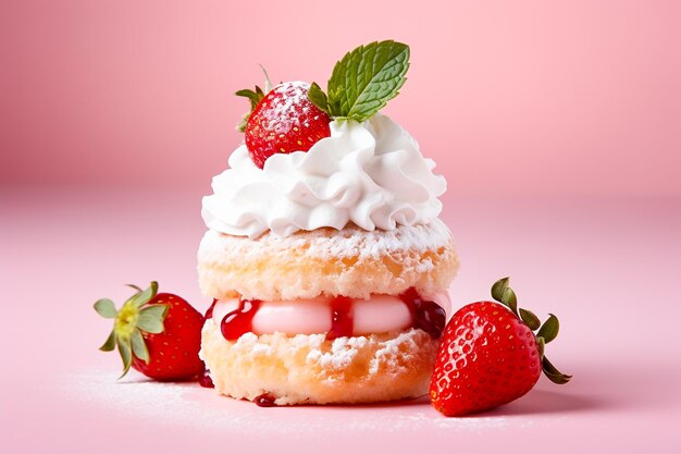 Zdjęcie ciastko truskawkowe na różowym tle Koncepcja smacznego lub pysznego deseru