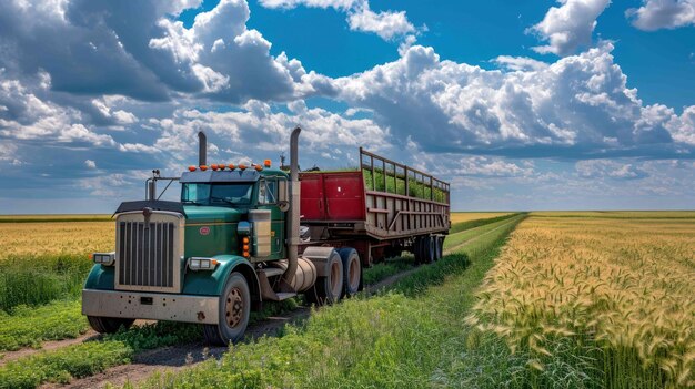 Zdjęcie ciężarówki rolniczej wyposażonej w przyczepę do transportu ciężkich maszyn