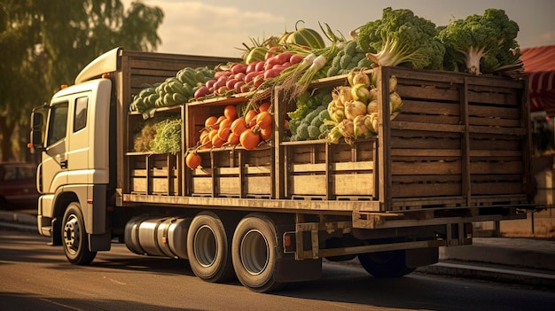 Zdjęcie zdjęcie ciężarówki z ładunkiem świeżych warzyw