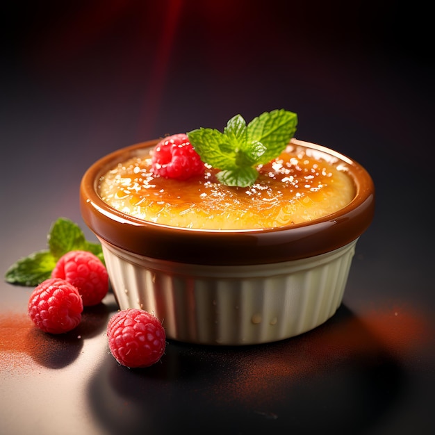 Zdjęcie Creme Brulee izolowane na ciemnym tle