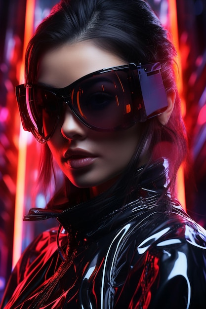 Zdjęcie cyberpunkowe portret kobiety w futurystycznym stylu neonowym