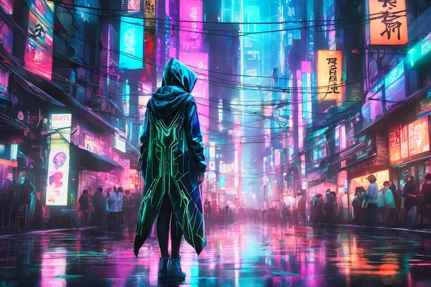 Zdjęcie cyberpunkowej dziewczyny żeńska postać cyberpunkowa patrząca na miasto nocą