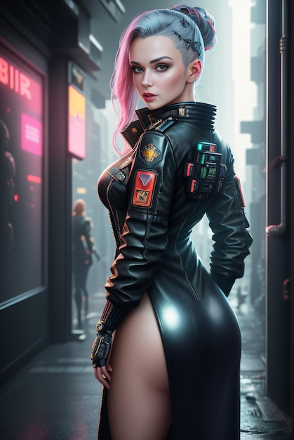 Zdjęcie cyberpunkowej kobiety pokazującej futurystyczne ubrania
