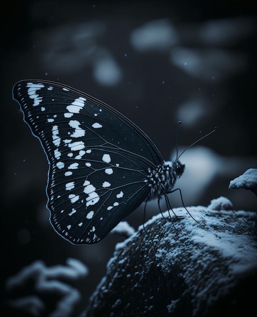 Zdjęcie czarnego motyla z białą kropką na nim opady śniegu