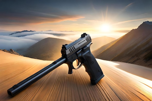 Zdjęcie zdjęcie czarnego pistoletu na niebie i zachodzie słońca w tle pistoletu w tle