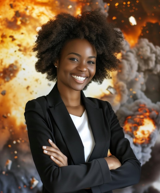 Zdjęcie czarnej bizneswoman z skrzyżowanymi ramionami wybuch w tle obraz wygenerowany przez sztuczną inteligencję