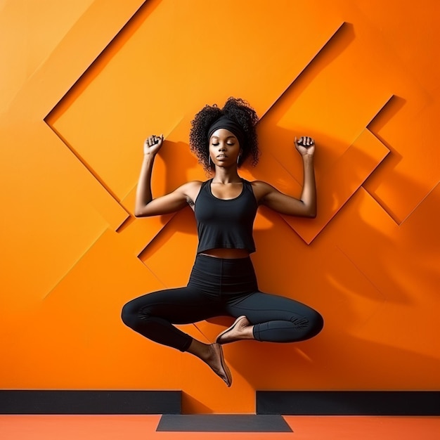 zdjęcie czarnej kobiety uprawiającej jogę i medytację przed pomarańczową ścianą