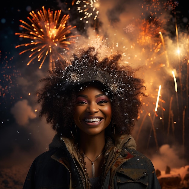 zdjęcie czarnej kobiety uśmiechającej się przed fajerwerkami