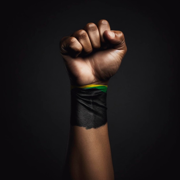Zdjęcie czarnej pięści uniesionej w geście solidarności w towarzystwie żywych kolorów Brazylijczyka