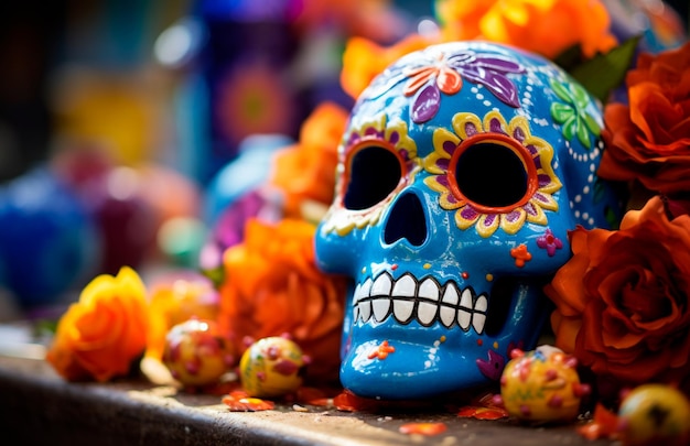 Zdjęcie czaszki z kwiatami, świecami, dzień zmarłych, koncepcja Meksyku