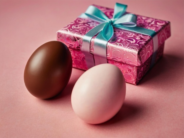 Zdjęcie czekoladowych jajek z prezentami na różowym tle