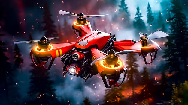 Zdjęcie czerwonego i żółtego zdalnie sterowanego śmigłowca latającego nad lasem Generatywna sztuczna inteligencja