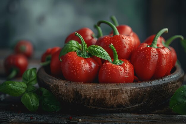 Zdjęcie czerwonej papryki na ciemnym drewnianym stole w stylu zdjęć fotograficznych produktów spożywczych